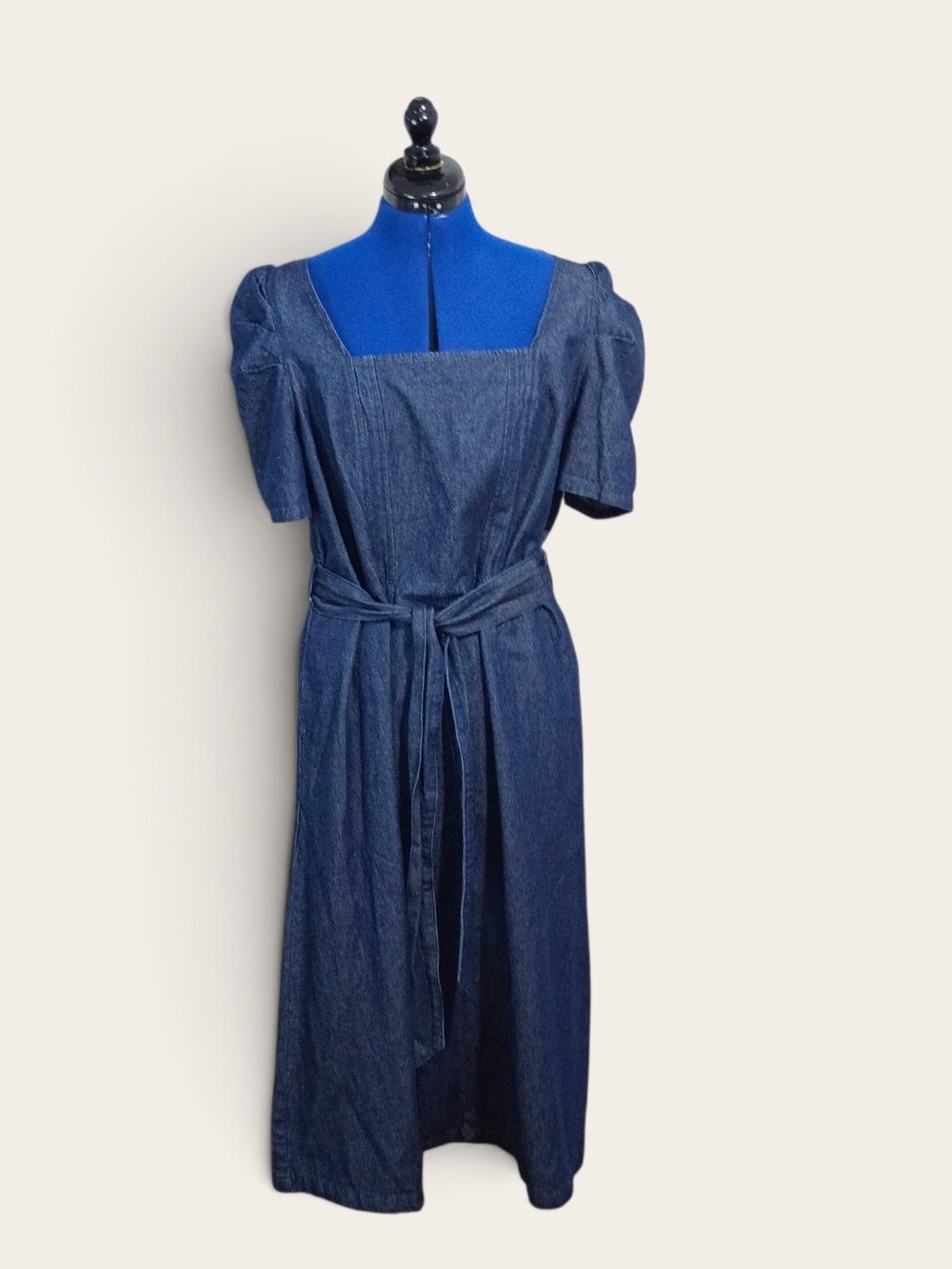 Denim Square-Neck Midi Dress with Waist Tie
